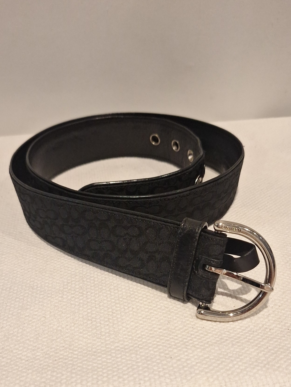 Coach Black Monogram Logo Belt with Silver Buckle